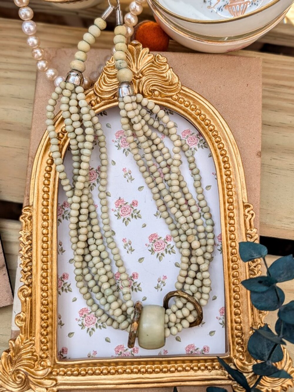 Vintage 1950's Pale Green Stone Bead Multi-Strand Necklace